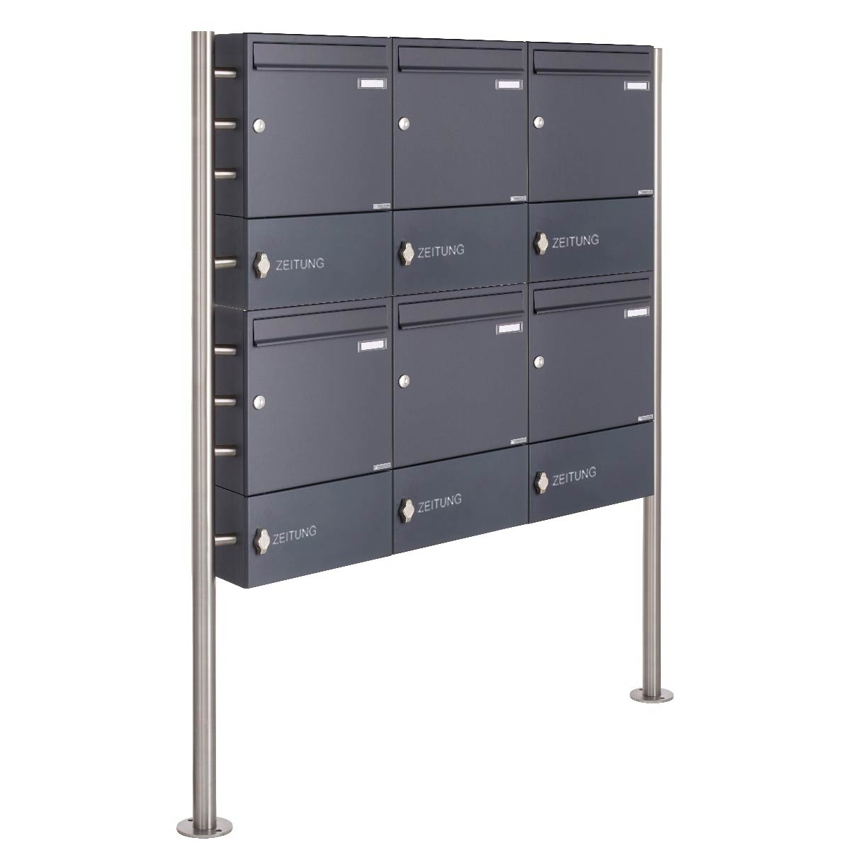6er 2x3 Standbriefkasten Design BASIC 381 ST-R mit Zeitungsfach geschlossen - RAL 7016 anthrazitgrau