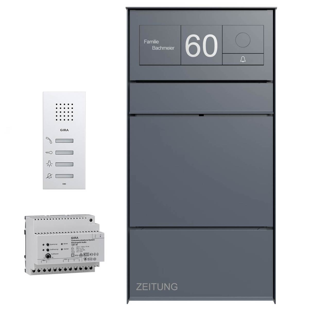 Cassetta per le lettere di design GOETHE AP con scomparto per giornali - RAL a scelta - Sistema GIRA 106 - Set completo AUDIO