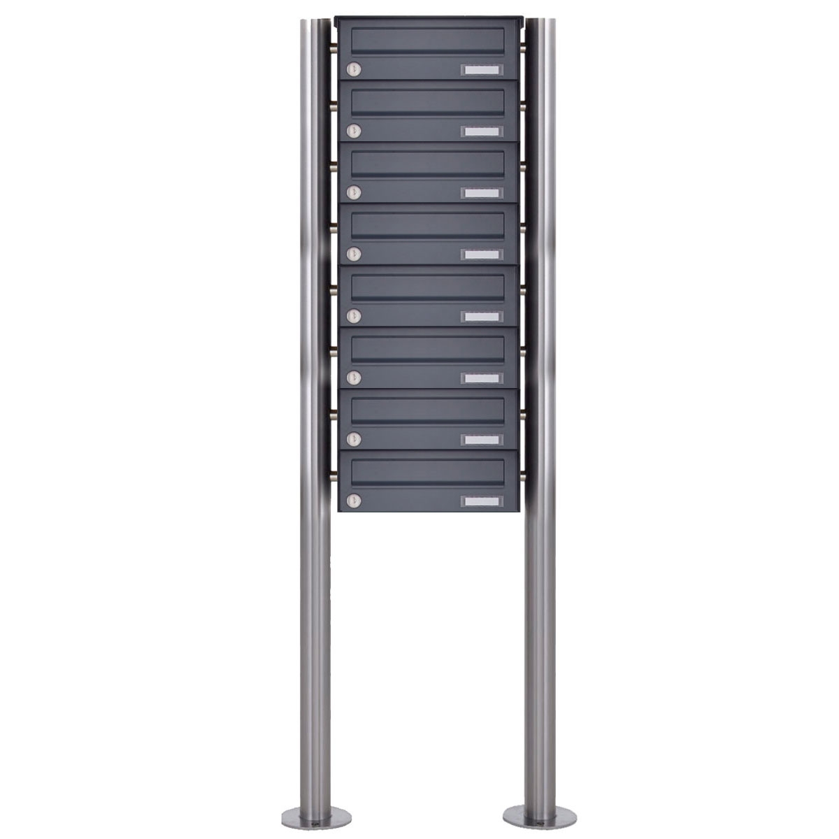 8er 8x1 Edelstahl Briefkastenanlage freistehend Design BASIC Plus 385X ST-R - RAL nach Wahl