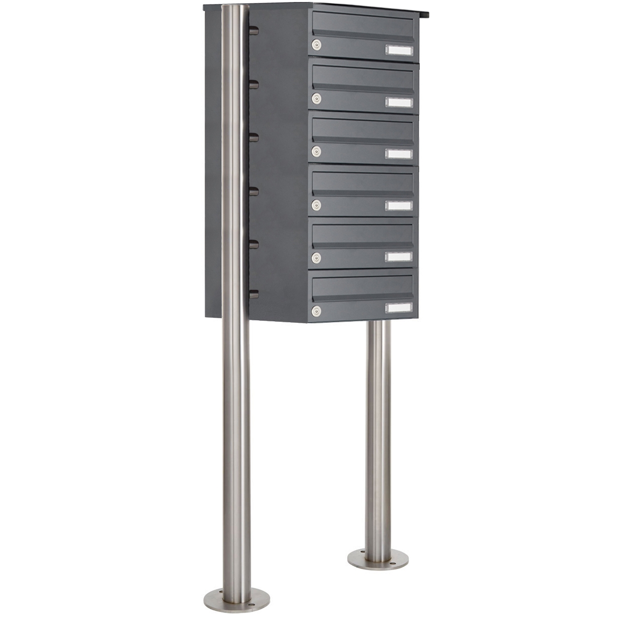 6er 6x1 Edelstahl Briefkastenanlage freistehend Design BASIC Plus 385X ST-R - RAL nach Wahl