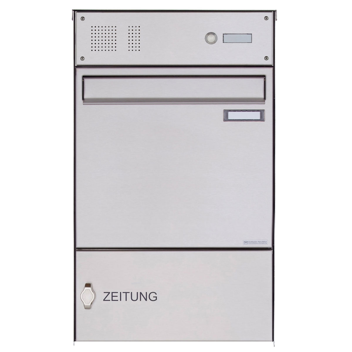 Edelstahl Zaunbriefkasten BASIC Plus 382XZ mit Zeitungsfach & Klingelkasten - Entnahme rückseitig Edelstahl Zaunbriefkasten BASIC Plus 382XZ mit Zeitungsfach & Klingelkasten - Entnahme rückseitig