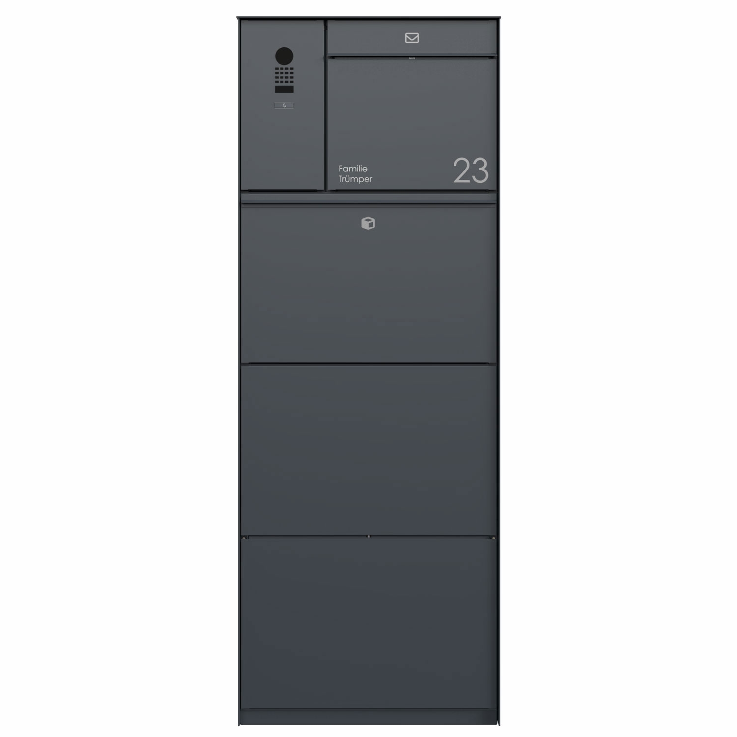 Freestanding XXL parcel box GOETHE with 1 letterbox and DoorBird video intercom left - lock system - RAL of your choice