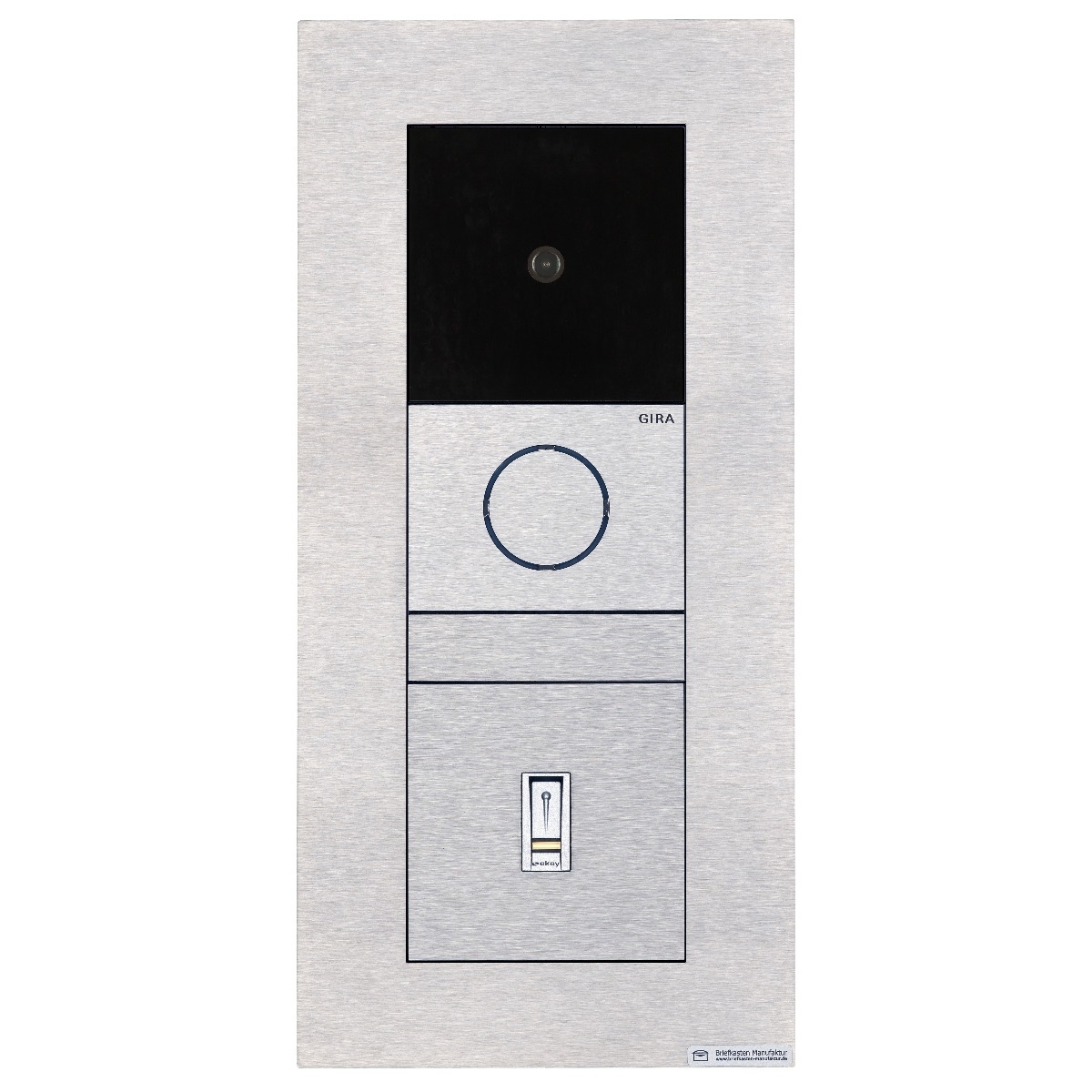 ef9f0ee03f37836bfe22ac33ef9965e59339edcb Stainless steel front panel for flush-mounted installation of GIRA System 106 - 3-gang prepared - Vertical