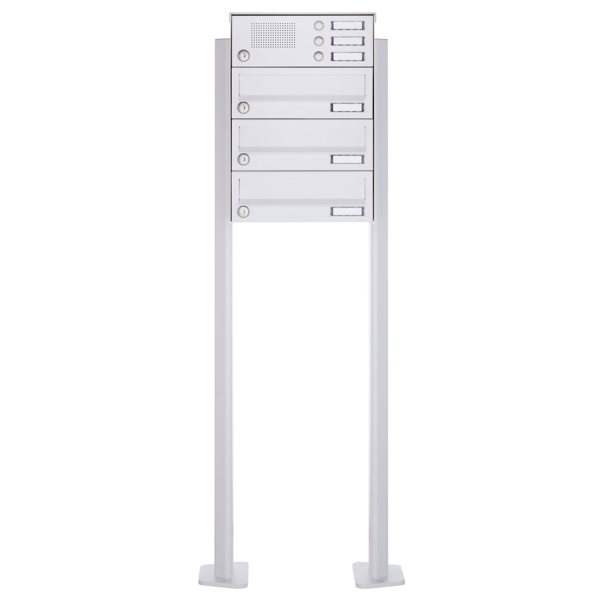 3-post letterbox design BASIC 385P-9016 ST-T with bell box - RAL 9016 traffic white 3-post letterbox design BASIC 385P-9016 ST-T with bell box - RAL 9016 traffic white