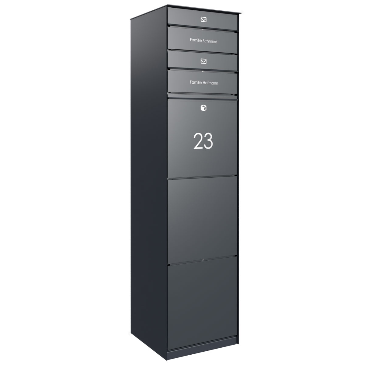 Freestanding design parcel box GOETHE with 2 letterboxes - lock system - RAL of your choice Freestanding design parcel box GOETHE with 2 letterboxes - lock system - RAL of your choice