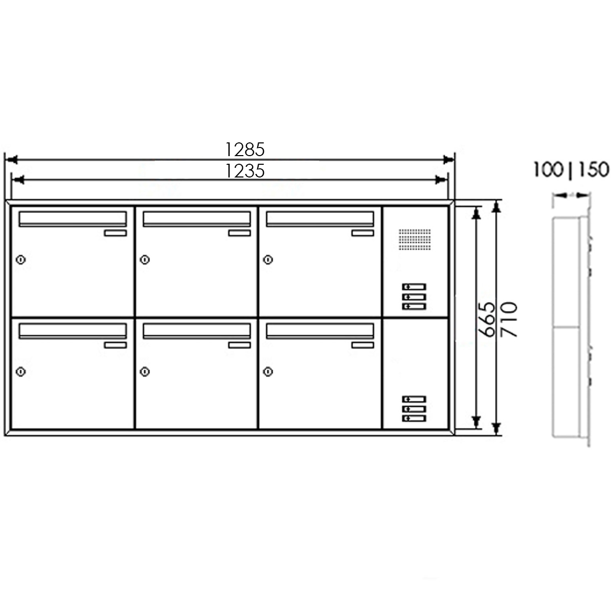 6-piece stainless steel flush-mounted letterbox system BASIC Plus 382XU UP with bell box on the side - RAL of your choice 6-piece stainless steel flush-mounted letterbox system BASIC Plus 382XU UP with bell box on the side - RAL of your choice