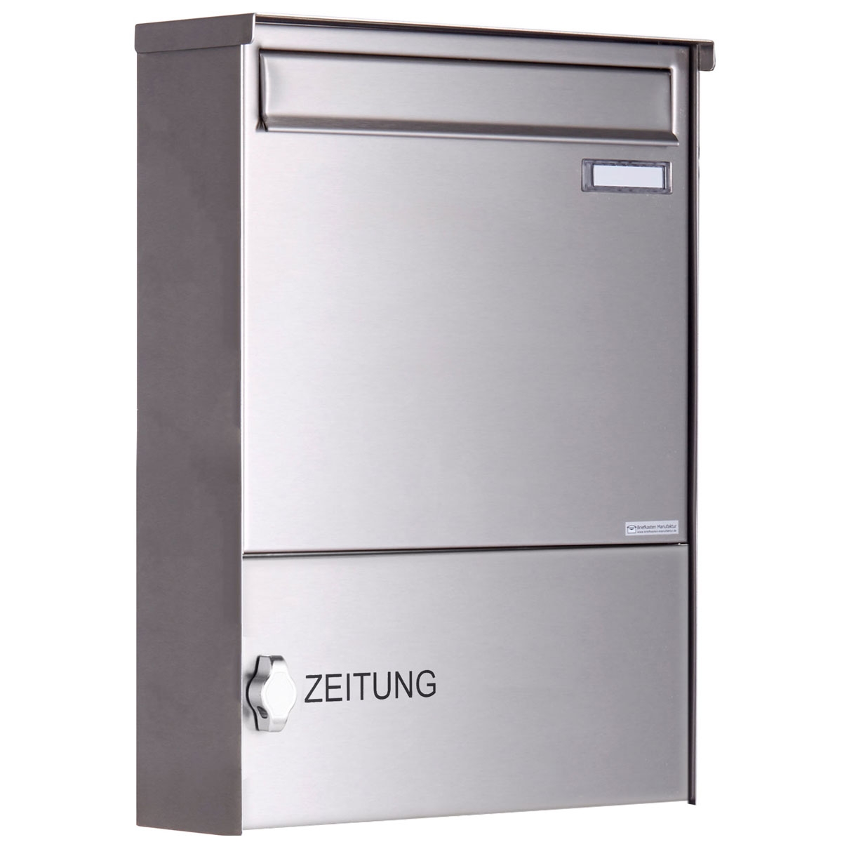 Edelstahl Zaunbriefkasten BASIC Plus 382XZ mit Zeitungsfach - Entnahme rückseitig Edelstahl Zaunbriefkasten BASIC Plus 382XZ mit Zeitungsfach - Entnahme rückseitig
