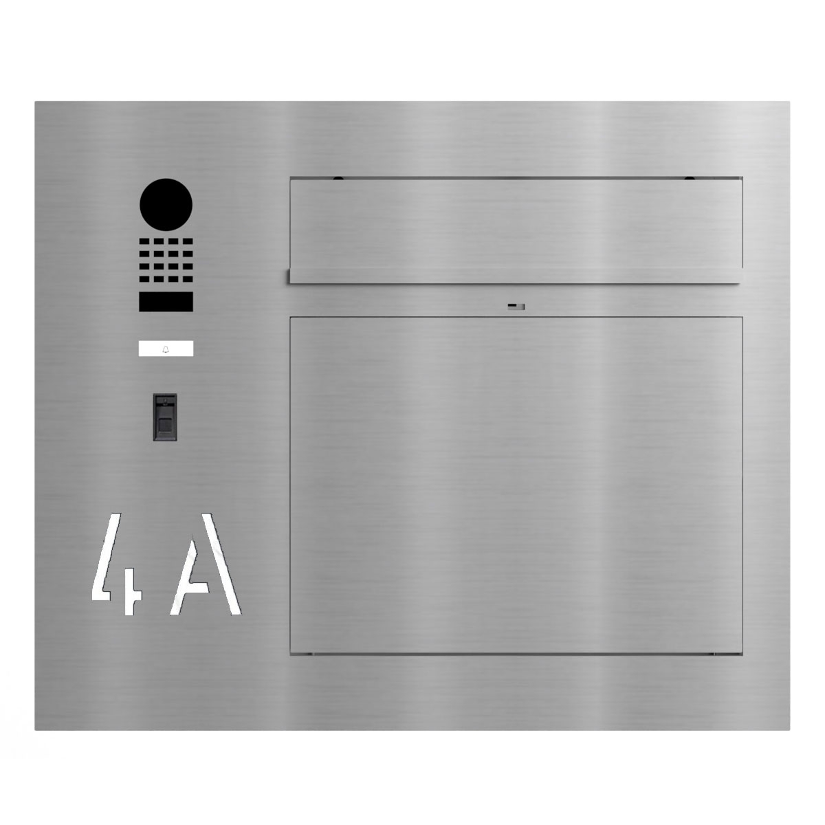 Design flush-mounted letterbox GRIMM - polished stainless steel with DoorBird video intercom left