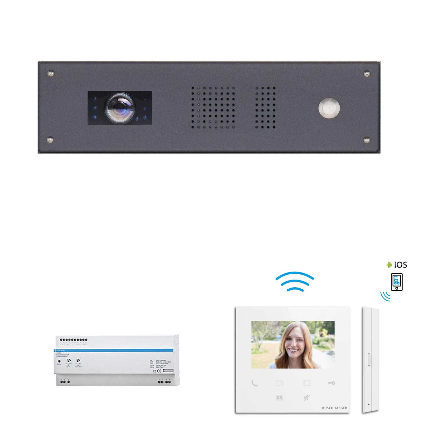 Stainless steel cover 355x100 for 1 party with Busch-Jaeger complete video set, RAL of your choice Stainless steel cover 355x100 for 1 party with Busch-Jaeger complete video set, RAL of your choice
