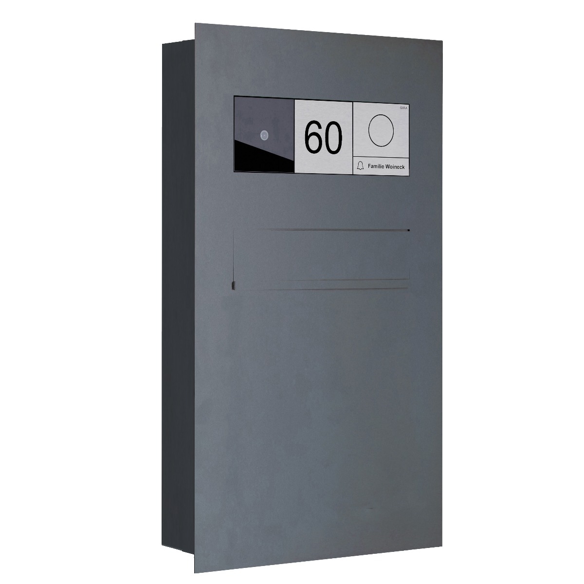 Stainless steel fence letterbox Designer BIG - RAL of your choice - GIRA System 106 - 3-gang prepared Stainless steel fence letterbox Designer BIG - RAL of your choice - GIRA System 106 - 3-gang prepared