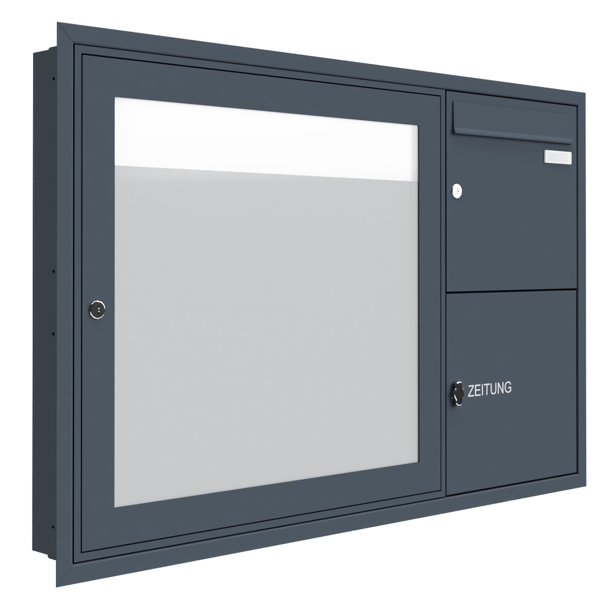 Flush-mounted letterbox with newspaper compartment & display case BASIC Plus 389 UP - 710x660 - RAL of your choice Flush-mounted letterbox with newspaper compartment & display case BASIC Plus 389 UP - 710x660 - RAL of your choice