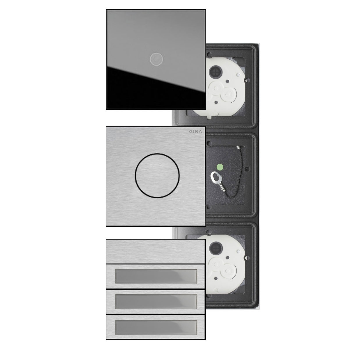 dd7ce5441e4472b971925b8ad86b79eb3ded89f7 Set of 3 GIRA System 106 - Stainless steel V2A - Camera intercom with 3x bell push-buttons