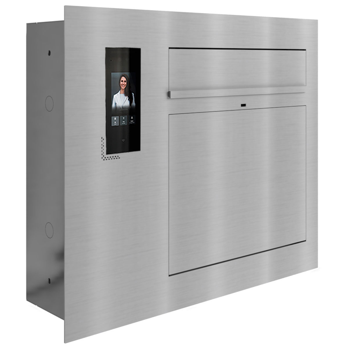 Design flush-mounted letterbox GRIMM - polished stainless steel with Ekinex Dico IP video intercom left Design flush-mounted letterbox GRIMM - polished stainless steel with Ekinex Dico IP video intercom left