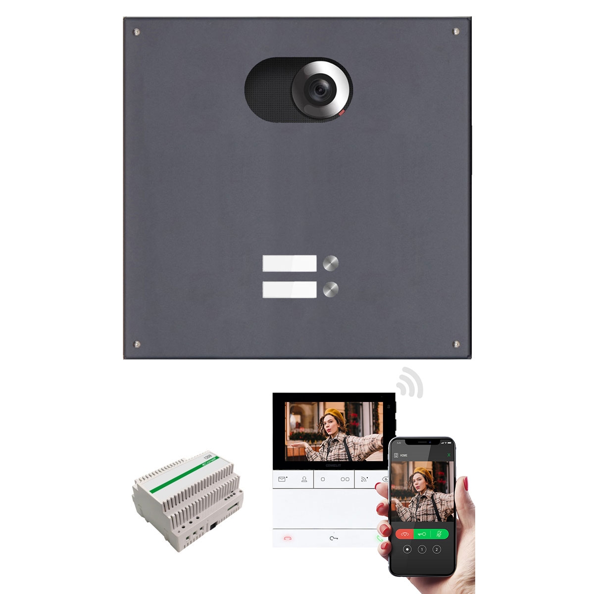 Edelstahl-Blende 355x330 für 2 Partei m. Comelit Video-Komplettset Wifi, RAL nach Wahl Edelstahl-Blende 355x330 für 2 Partei m. Comelit Video-Komplettset Wifi, RAL nach Wahl