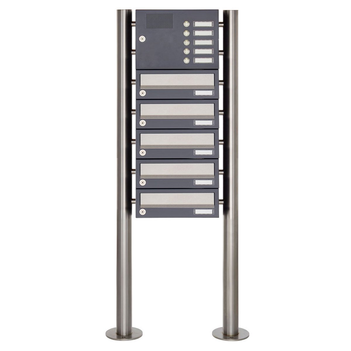 5er Standbriefkasten Design BASIC 385-7016 ST-R mit Klingelkasten - Edelstahl-RAL 7016 anthrazitgrau