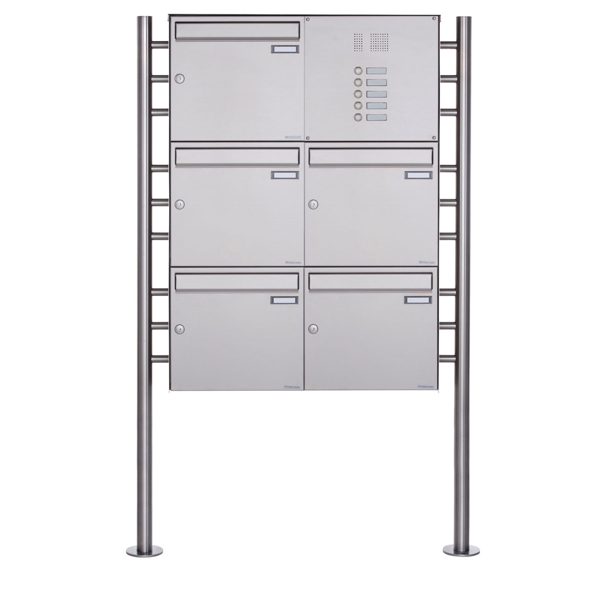 5er 3x2 Standbriefkasten Design BASIC Plus 381X ST-R mit Klingelkasten - Edelstahl V2A geschliffen