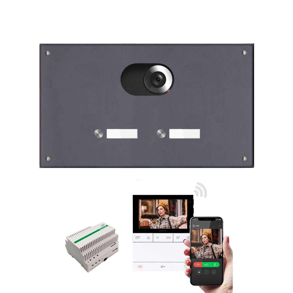 Edelstahl-Blende 370x220 für 2 Partei m. Comelit Video-Komplettset Wifi, RAL nach Wahl Edelstahl-Blende 370x220 für 2 Partei m. Comelit Video-Komplettset Wifi, RAL nach Wahl