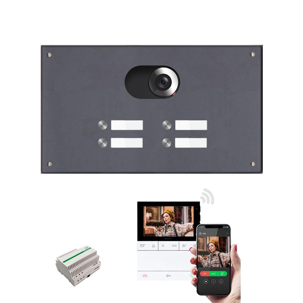 Stainless steel cover 370x220 for 4 party with Comelit complete video set Wifi, RAL of your choice Stainless steel cover 370x220 for 4 party with Comelit complete video set Wifi, RAL of your choice
