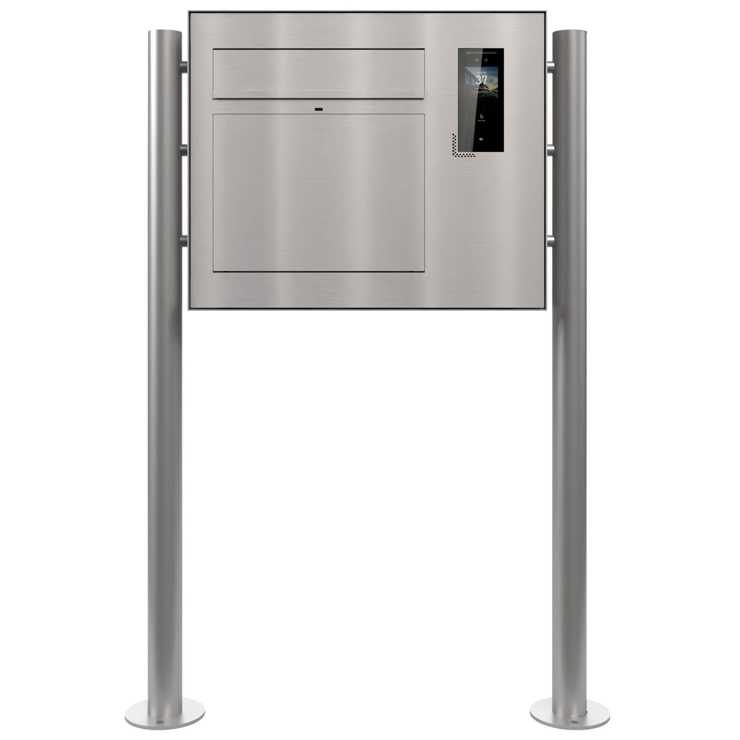 Design Standbriefkasten GRIMM - Edelstahl geschliffen mit Ekinex Dico IP-Videosprechanlage rechts