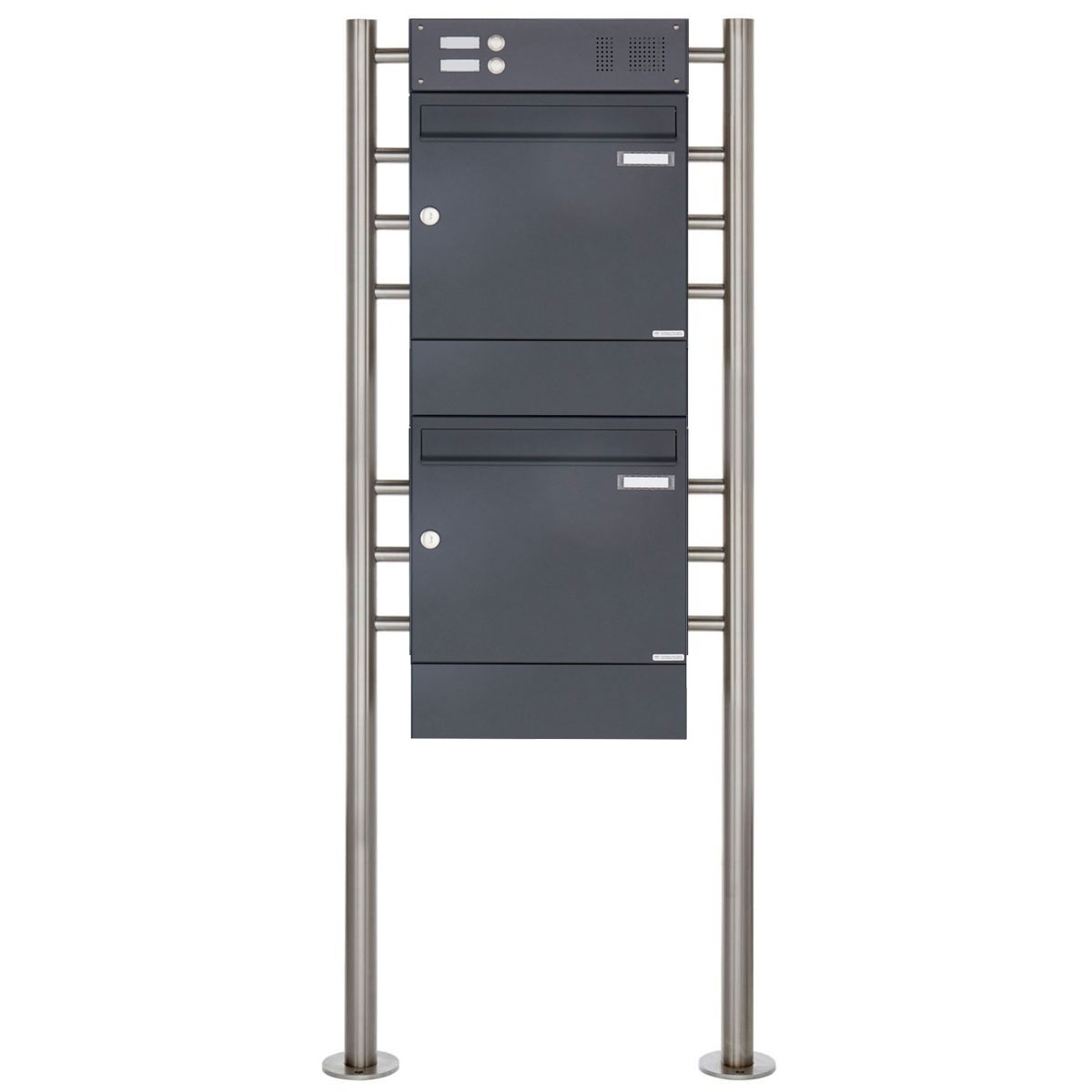 2er 2x1 free-standing letterbox Design BASIC 381 ST-R with bell box & newspaper compartment - RAL 7016 anthracite grey 2er 2x1 free-standing letterbox Design BASIC 381 ST-R with bell box & newspaper compartment - RAL 7016 anthracite grey