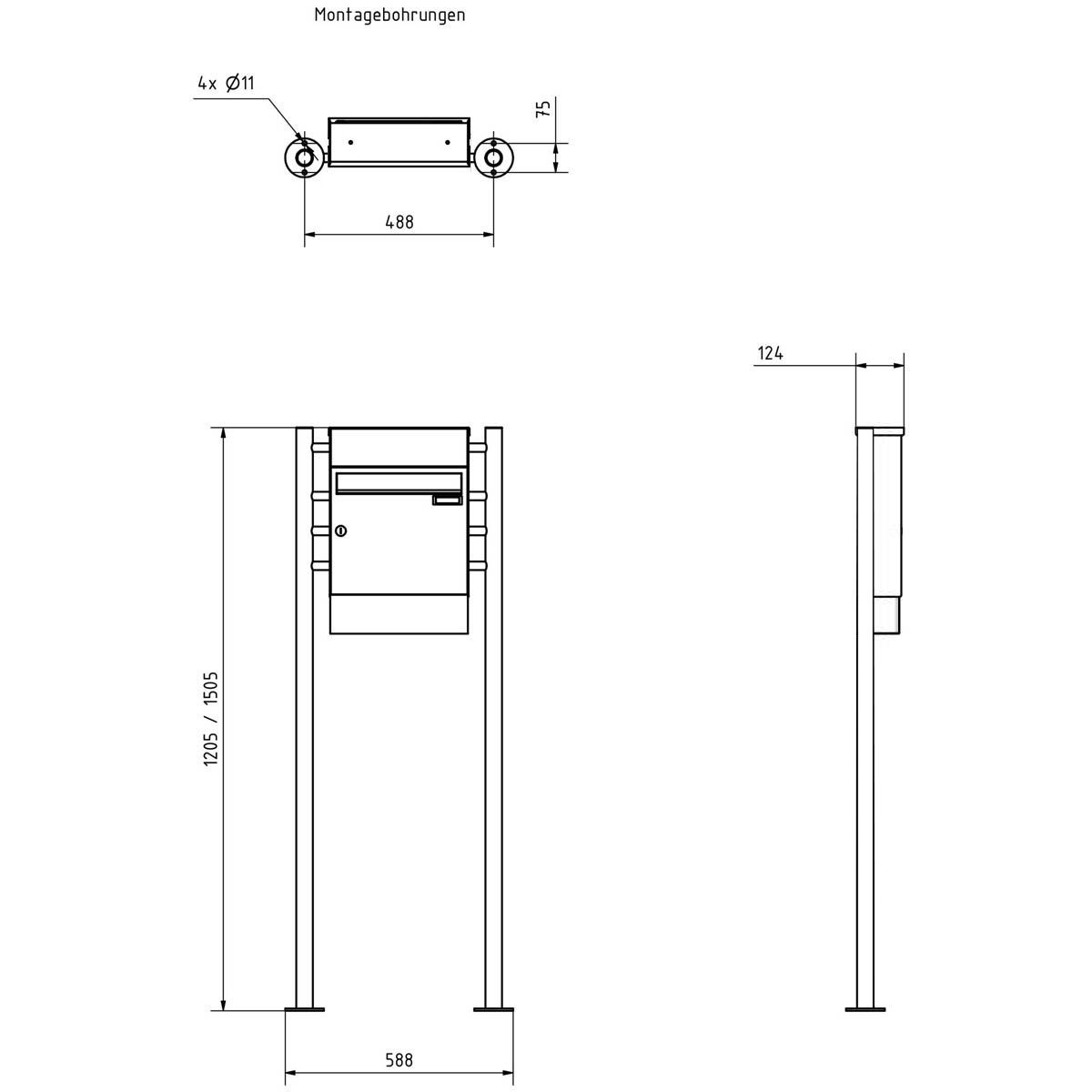 1-post letterbox Design BASIC Plus 381X ST-R with bell box &amp; newspaper compartment - RAL of your choice