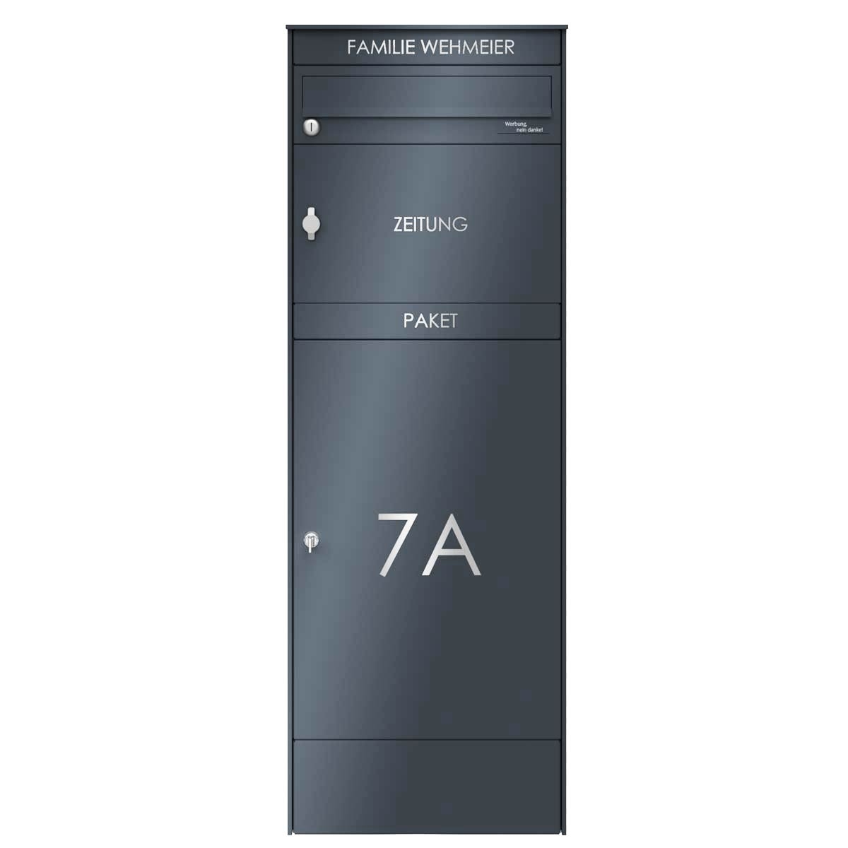 Stainless steel parcel letterbox pedestal BASIC Plus 864XS with parcel compartment 550x370 & newspaper compartment - RAL of your choice Stainless steel parcel letterbox pedestal BASIC Plus 864XS with parcel compartment 550x370 & newspaper compartment - RAL of your choice