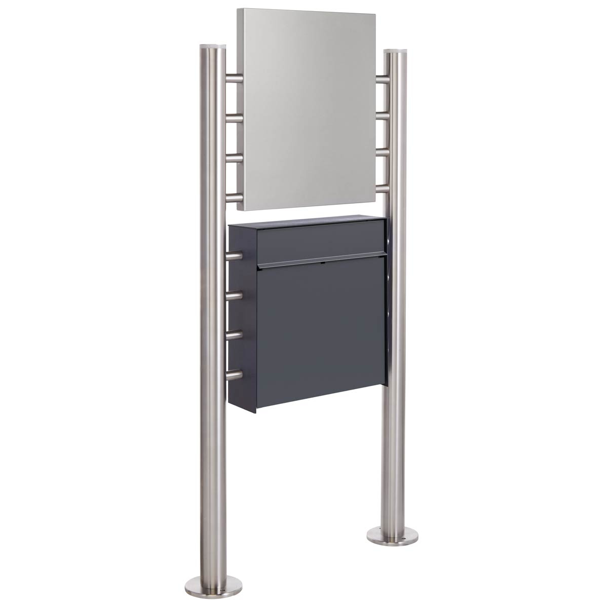 Design Standbriefkasten GOETHE ST-R mit Werbeschild 406x460 aus Edelstahl geschliffen - RAL nach Wahl Design Standbriefkasten GOETHE ST-R mit Werbeschild 406x460 aus Edelstahl geschliffen - RAL nach Wahl