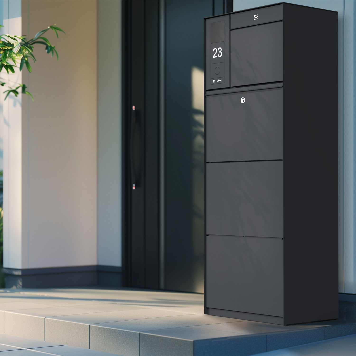 Freestanding XXL parcel box GOETHE with 1 letterbox and GIRA System 106 - video intercom left - lock system - RAL of your choice