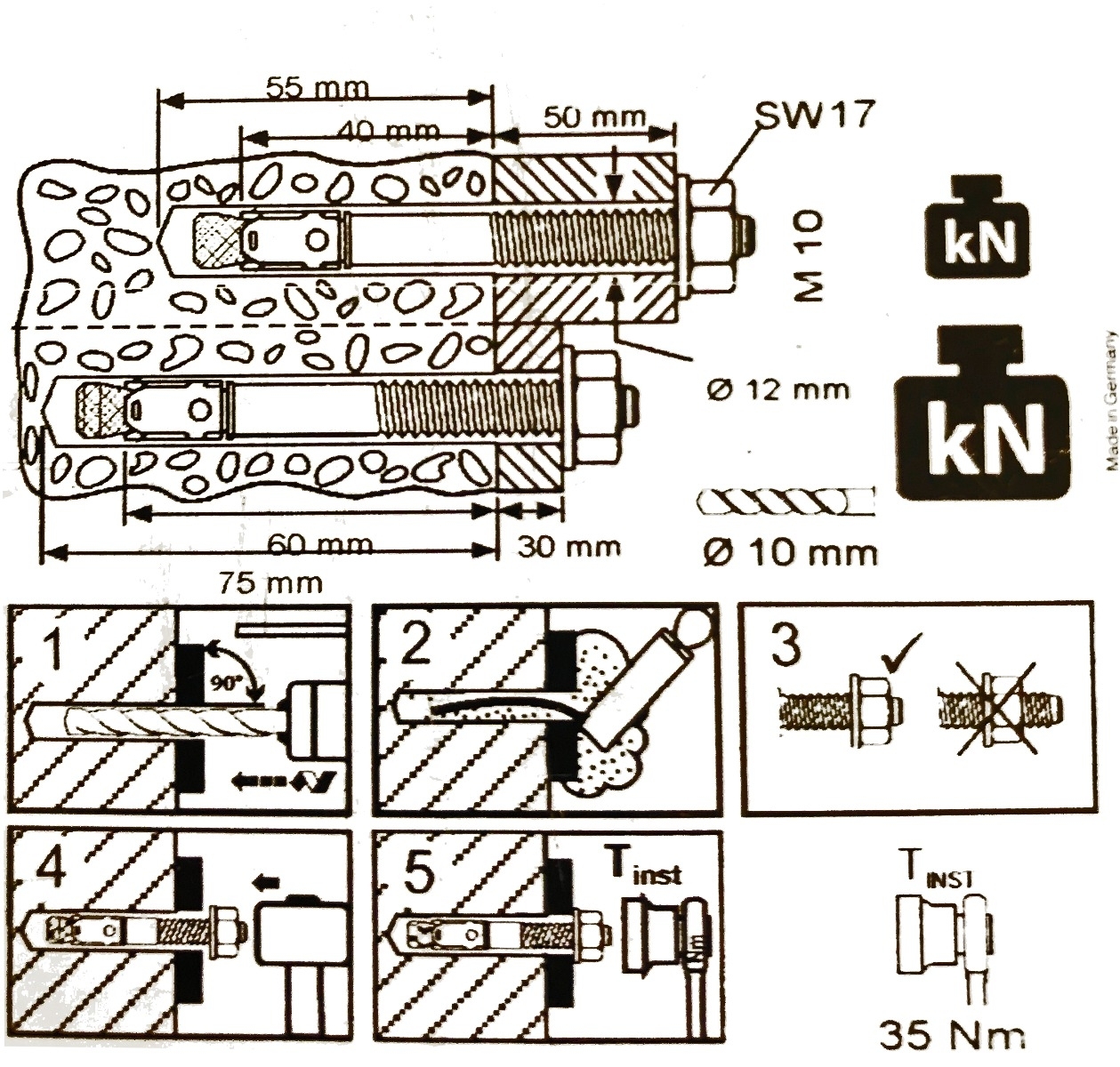 5b2cdadcf82e6bbc11dae14df7c1af5b1817116a Lot de 6 goujons d'ancrage en acier inoxydable V4A BZ plus A4, M10, longueur totale 110mm