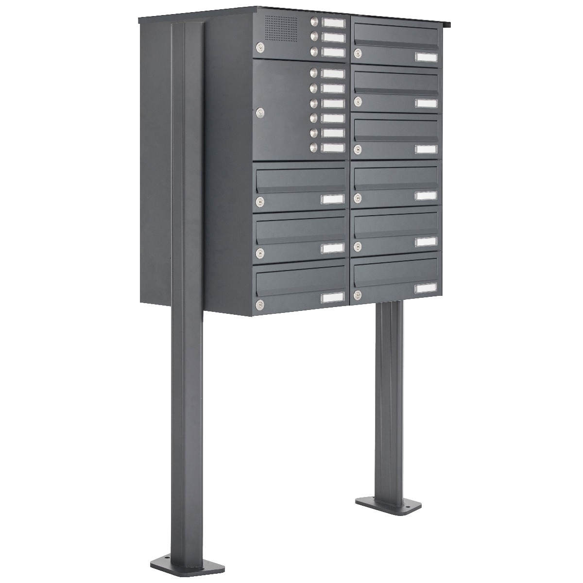 9er Edelstahl Standbriefkasten Design BASIC Plus 385XP ST-T mit Klingelkasten - RAL nach Wahl
