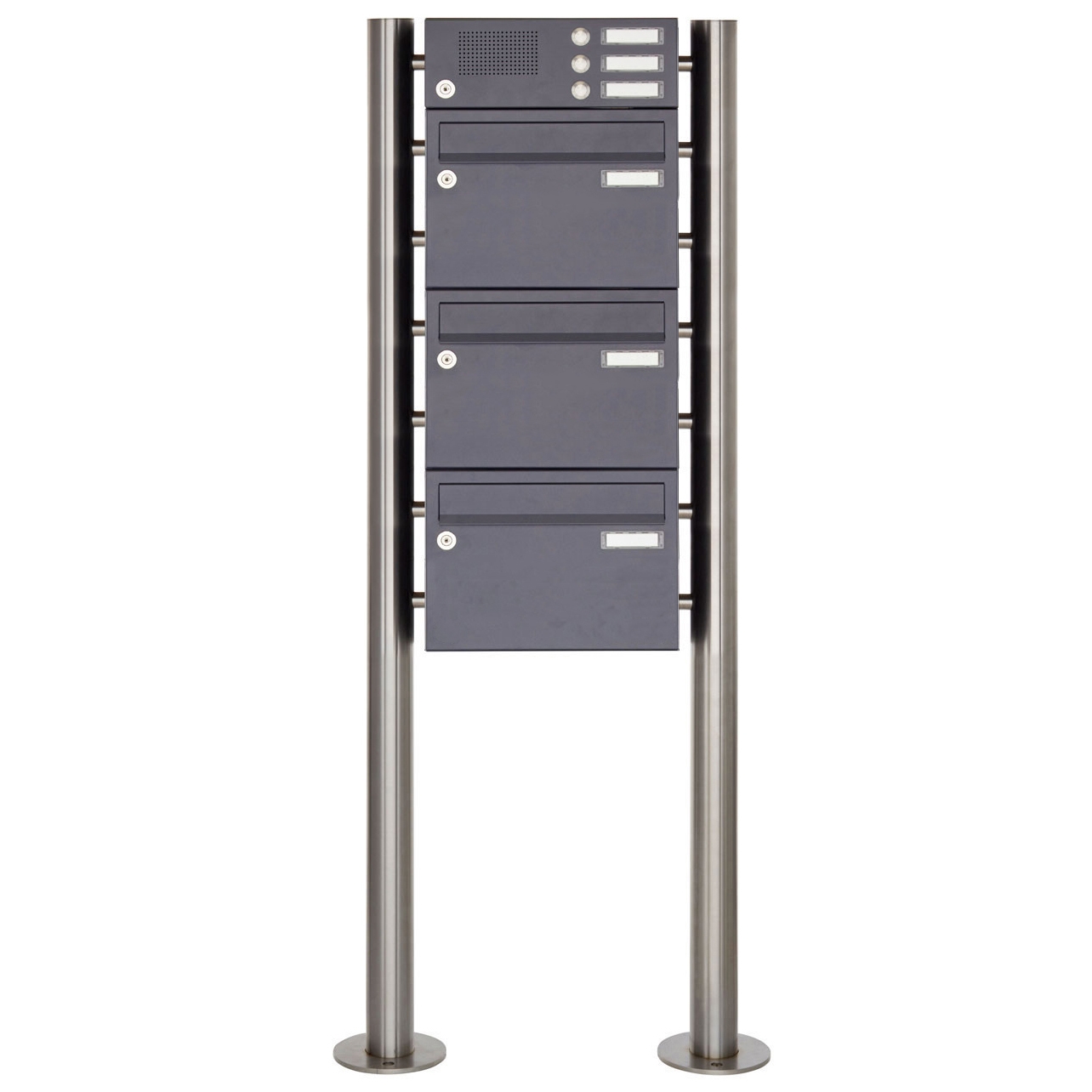 3-post letterbox design BASIC 385220 ST-R with bell box - RAL 7016 anthracite grey 3-post letterbox design BASIC 385220 ST-R with bell box - RAL 7016 anthracite grey