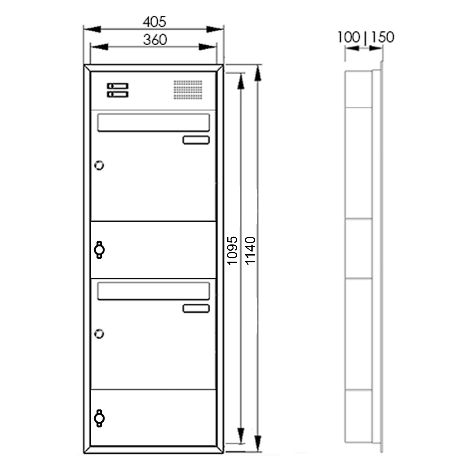 Cassetta postale da incasso BASIC Plus 382XU UP in 2 pezzi in acciaio inox con campanello e vano portagiornali Cassetta postale da incasso BASIC Plus 382XU UP in 2 pezzi in acciaio inox con campanello e vano portagiornali