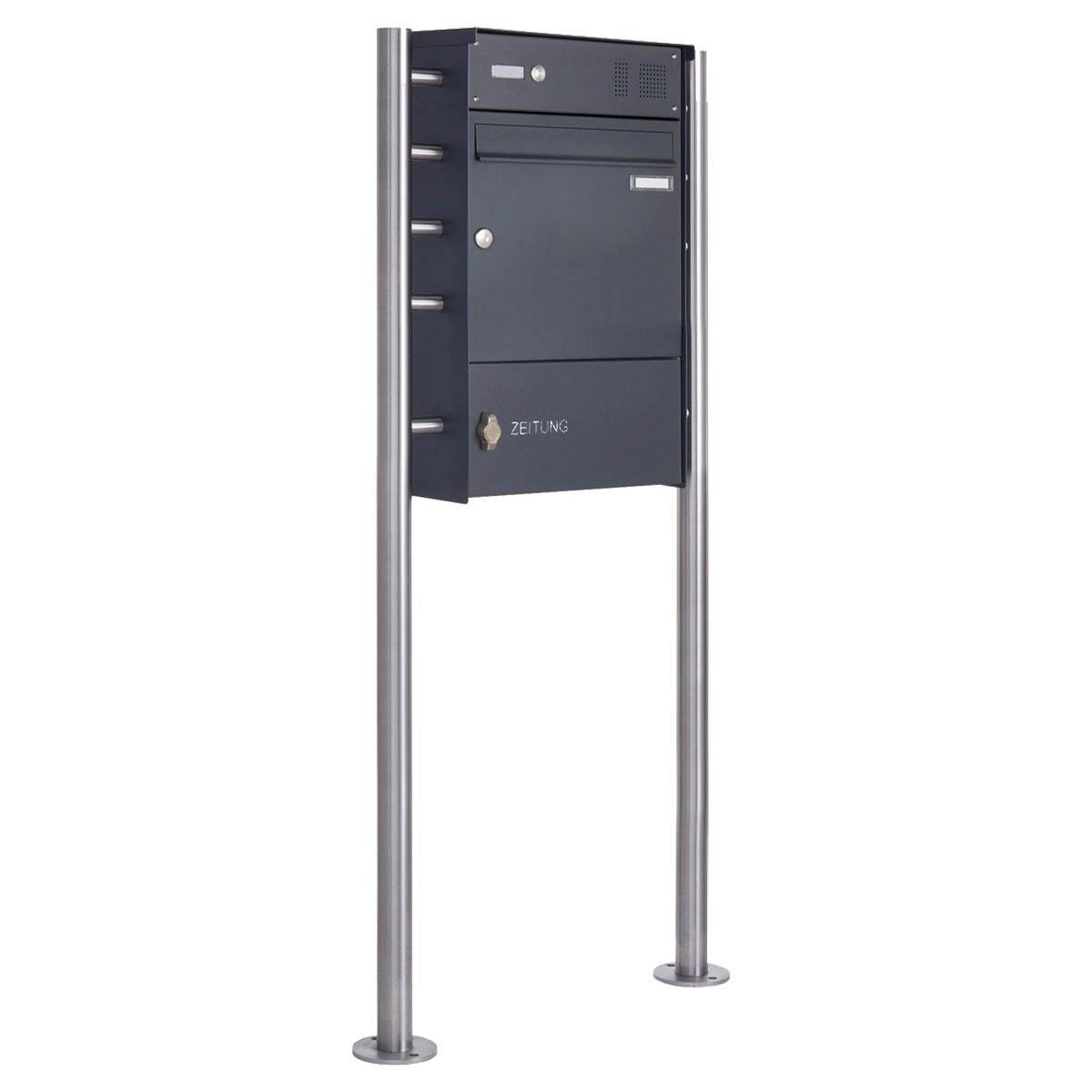 1-post letterbox Design BASIC Plus 381X ST-R with bell box & newspaper compartment closed - RAL 1-post letterbox Design BASIC Plus 381X ST-R with bell box & newspaper compartment closed - RAL