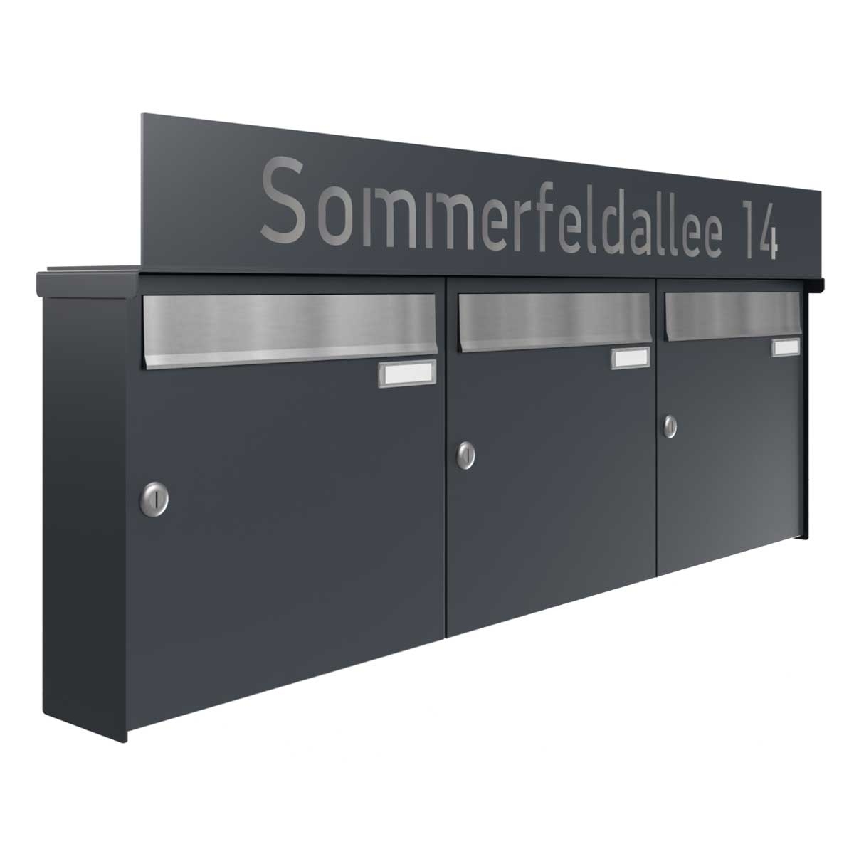 3er 3x1 surface-mounted letterbox system BASIC - Edition NELLY - BI-Color VA-RAL 7016 anthracite grey 3er 3x1 surface-mounted letterbox system BASIC - Edition NELLY - BI-Color VA-RAL 7016 anthracite grey