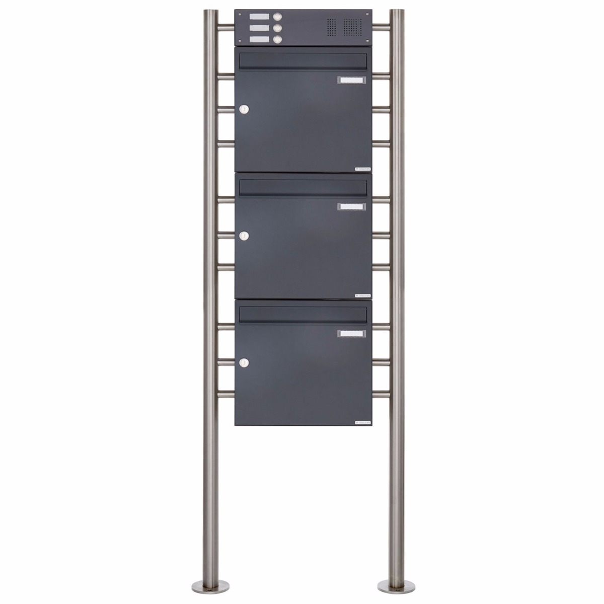 3er 3x1 Standbriefkasten Design BASIC 381 ST-R mit Klingelkasten - RAL 7016 anthrazitgrau 3er 3x1 Standbriefkasten Design BASIC 381 ST-R mit Klingelkasten - RAL 7016 anthrazitgrau