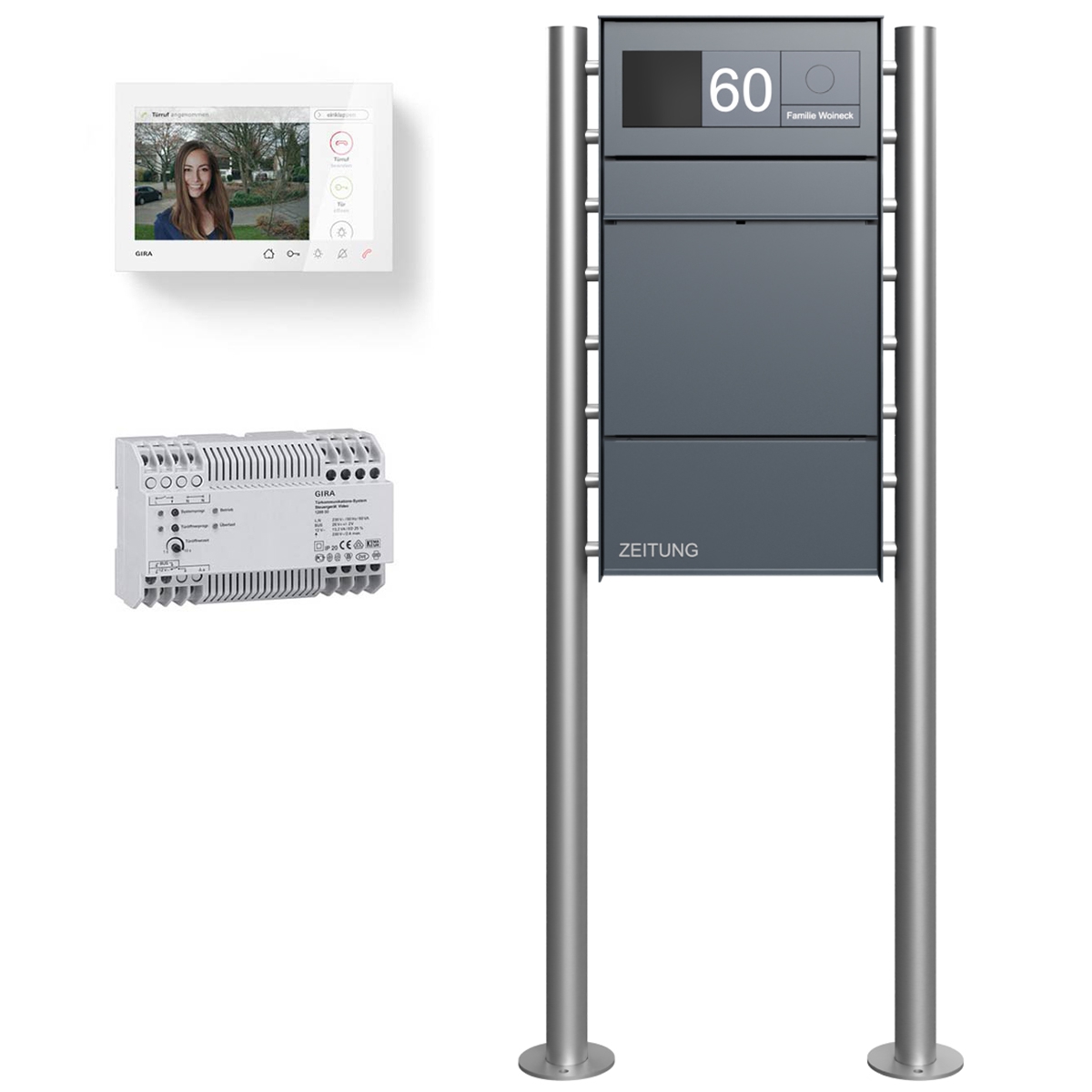 Design Standbriefkasten GOETHE ST-R mit Zeitungsfach - RAL nach Wahl - GIRA System 106 - VIDEO Komplettset Design Standbriefkasten GOETHE ST-R mit Zeitungsfach - RAL nach Wahl - GIRA System 106 - VIDEO Komplettset