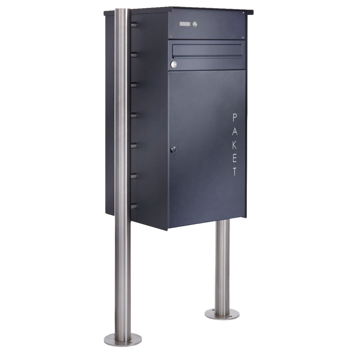 Stainless steel free-standing parcel letter box BASIC Plus 863X ST-R with bell box & parcel compartment 550x370 - RAL of your choice Stainless steel free-standing parcel letter box BASIC Plus 863X ST-R with bell box & parcel compartment 550x370 - RAL of your choice