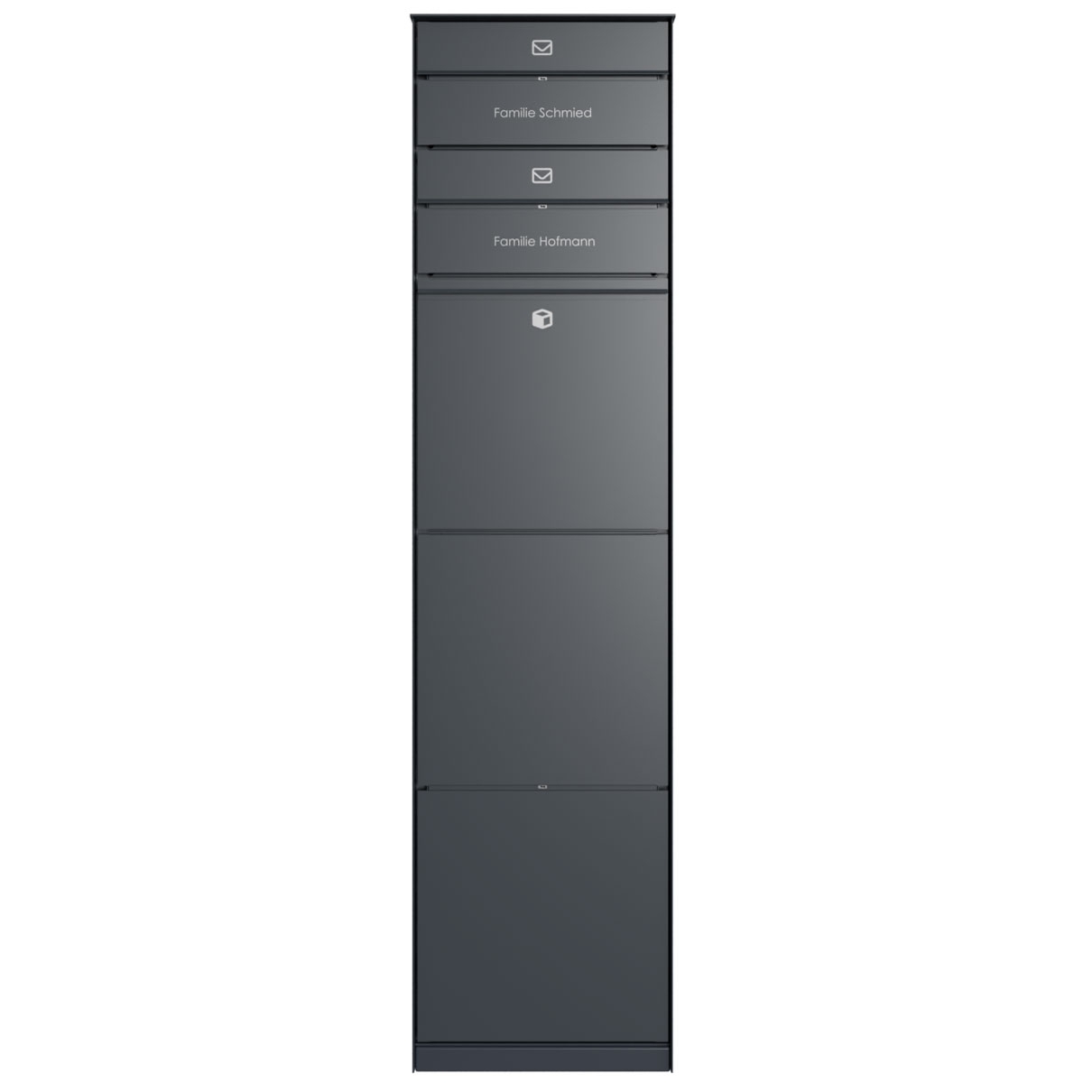 Freestanding design parcel box GOETHE with 2 letterboxes - lock system - RAL of your choice Freestanding design parcel box GOETHE with 2 letterboxes - lock system - RAL of your choice