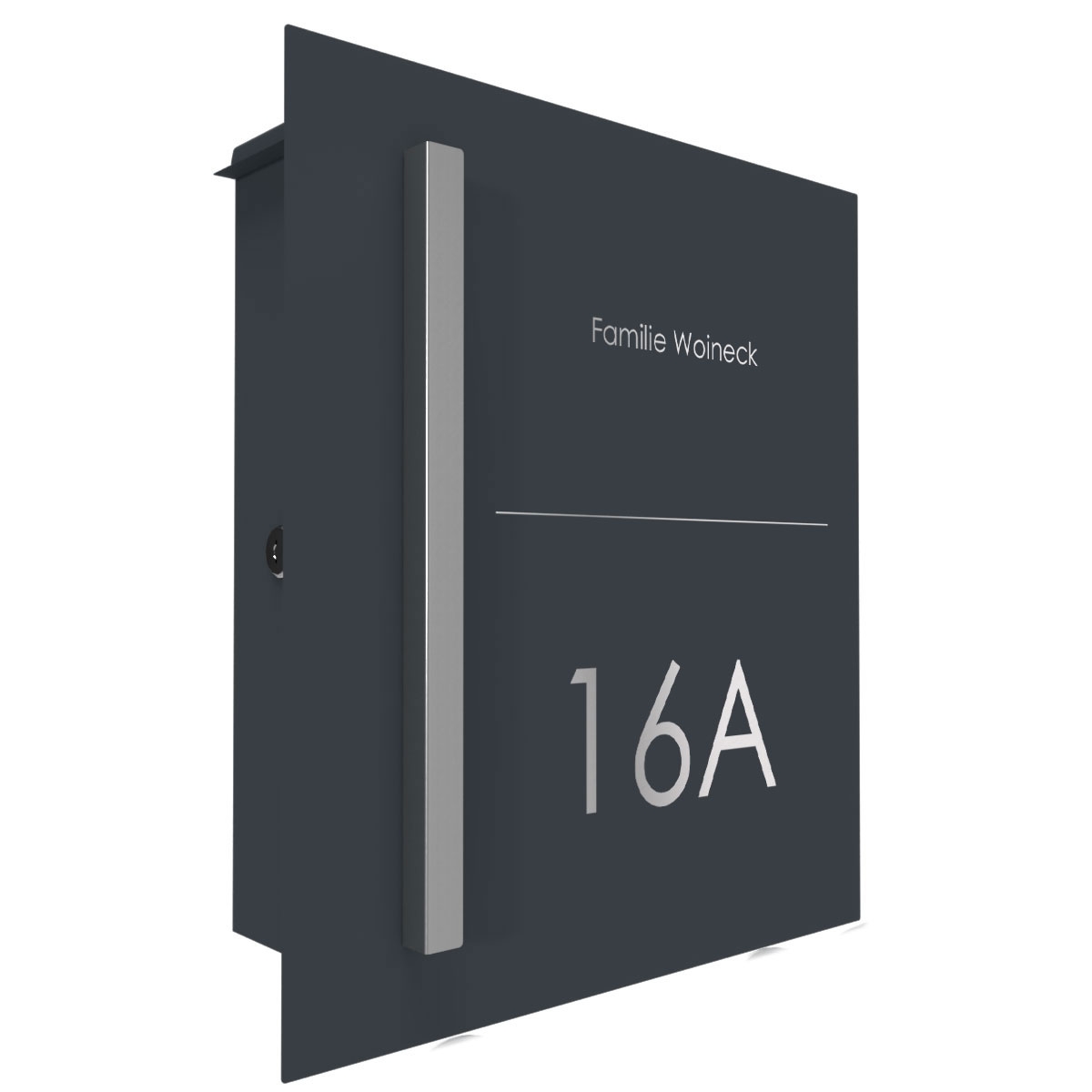 Design stainless steel letterbox SCHILLER MEDIUM Elegance II - house number - name - RAL of your choice Design stainless steel letterbox SCHILLER MEDIUM Elegance II - house number - name - RAL of your choice
