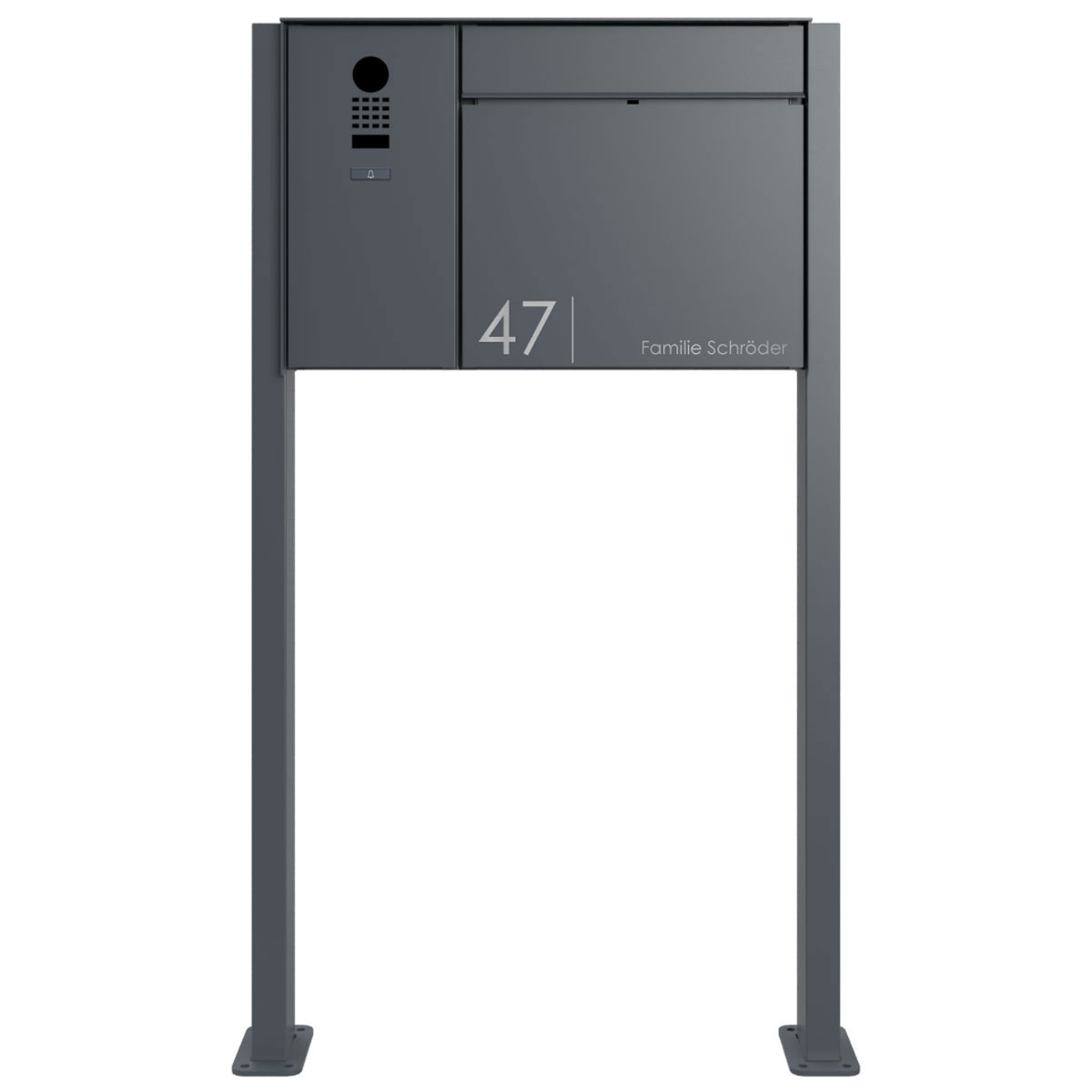Design Standbriefkasten GOETHE ST-Q seitlich mit DoorBird Video- Sprechanlage - RAL nach Wahl Design Standbriefkasten GOETHE ST-Q seitlich mit DoorBird Video- Sprechanlage - RAL nach Wahl
