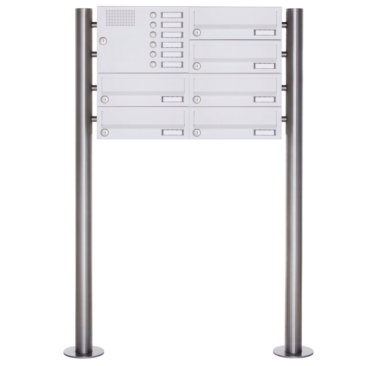 6er Standbriefkasten Design BASIC 385-9016 ST-R mit Klingelkasten - RAL 9016 verkehrsweiß