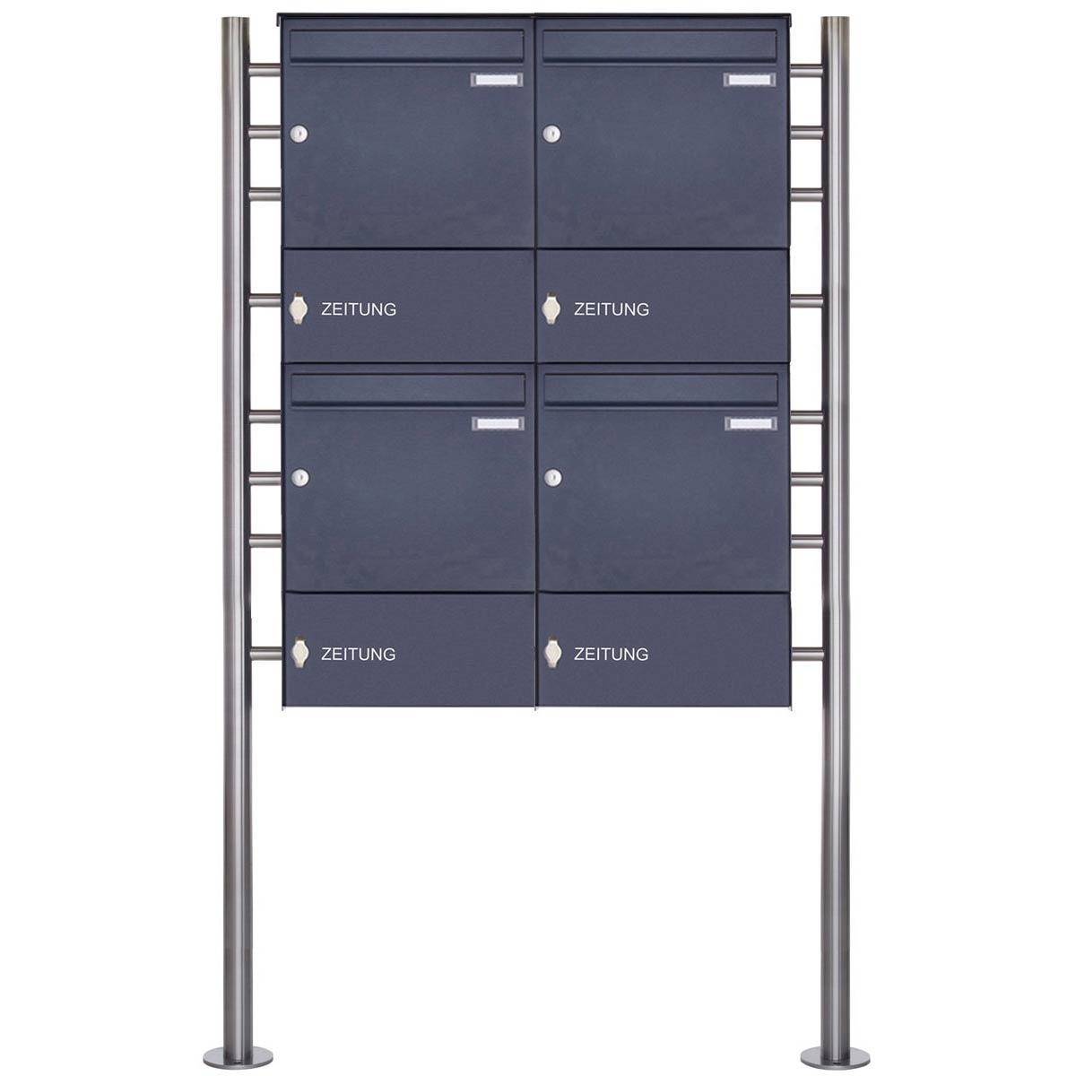 4-post 2x2 letterbox Design BASIC 381 ST-R with closed newspaper compartment - RAL 7016 anthracite grey 4-post 2x2 letterbox Design BASIC 381 ST-R with closed newspaper compartment - RAL 7016 anthracite grey