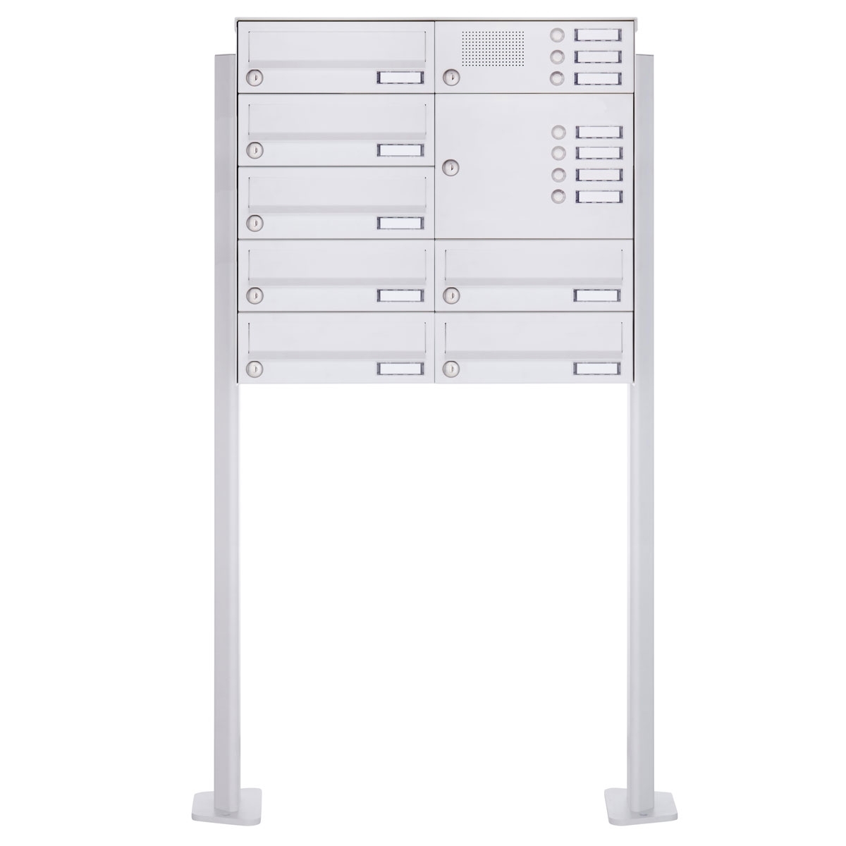 7er Standbriefkasten Design BASIC 385P-9016 ST-T mit Klingelkasten - RAL 9016 verkehrsweiß