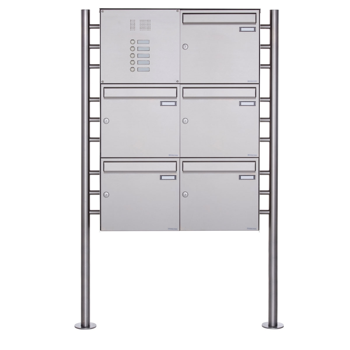 5er 3x2 Standbriefkasten Design BASIC Plus 381X ST-R mit Klingelkasten - Edelstahl V2A geschliffen