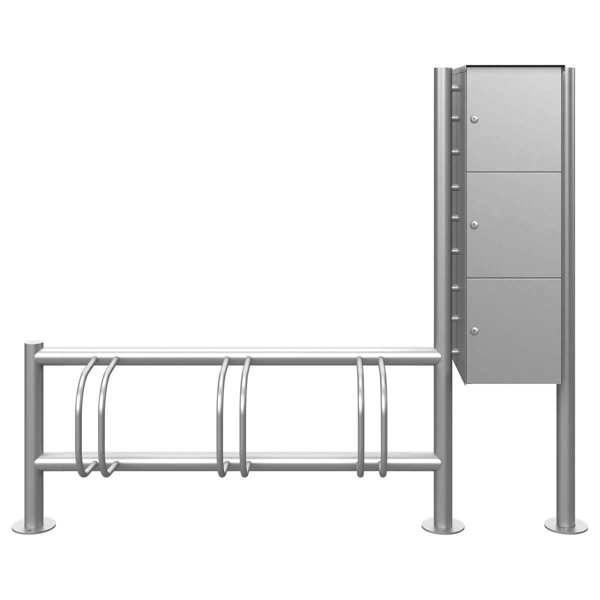 3-seater stainless steel bicycle stand ACHIM with lockers - e-bike charging station - polished V2A stainless steel 3-seater stainless steel bicycle stand ACHIM with lockers - e-bike charging station - polished V2A stainless steel