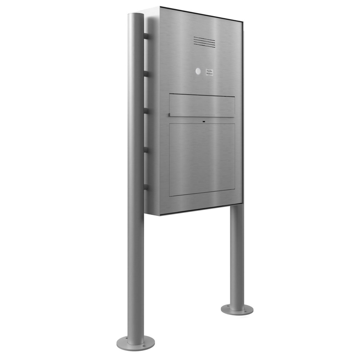 Design Standbriefkasten GRIMM – Edelstahl geschliffen mit Vorbereitung für Kamera und Sprechanlage