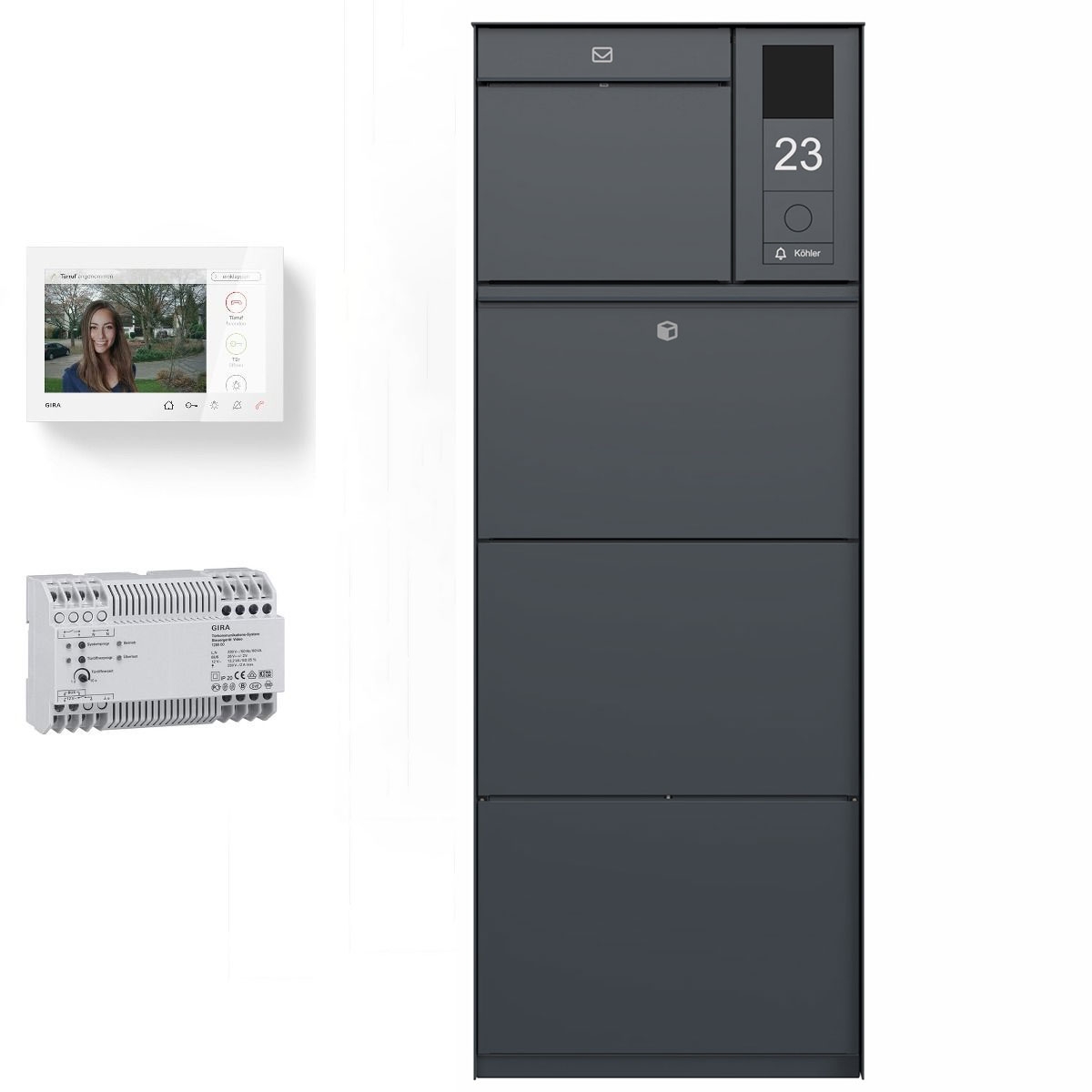 Freistehende XXL Paketbox GOETHE mit 1 Briefkasten und GIRA System 106 - Video- Sprechanlage rechts - Schleusensystem - RAL nach Wahl Freistehende XXL Paketbox GOETHE mit 1 Briefkasten und GIRA System 106 - Video- Sprechanlage rechts - Schleusensystem - RAL nach Wahl