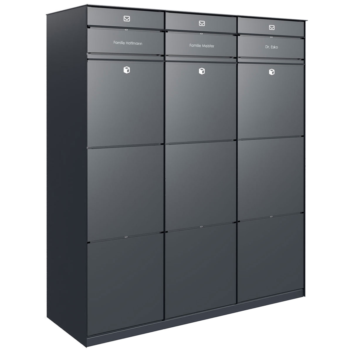 Freistehende Design Paketfachanlage GOETHE mit 3 Briefkästen und 3 Paketkästen - Schleusensystem - RAL nach Wahl Freistehende Design Paketfachanlage GOETHE mit 3 Briefkästen und 3 Paketkästen - Schleusensystem - RAL nach Wahl