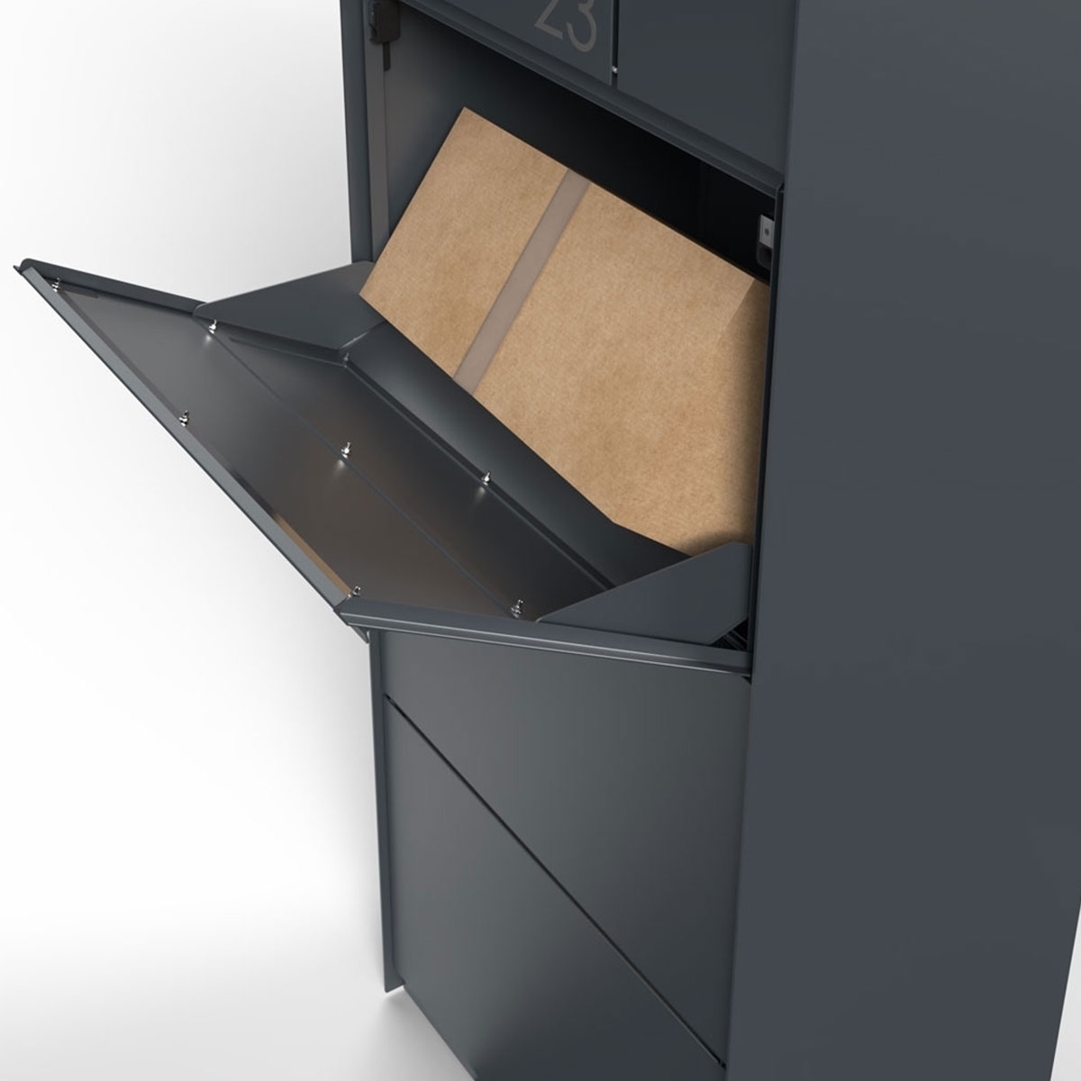 Freistehende XXL Paketbox GOETHE mit 1 Briefkasten und GIRA System 106 - Video- Sprechanlage links - Schleusensystem - RAL nach Wahl