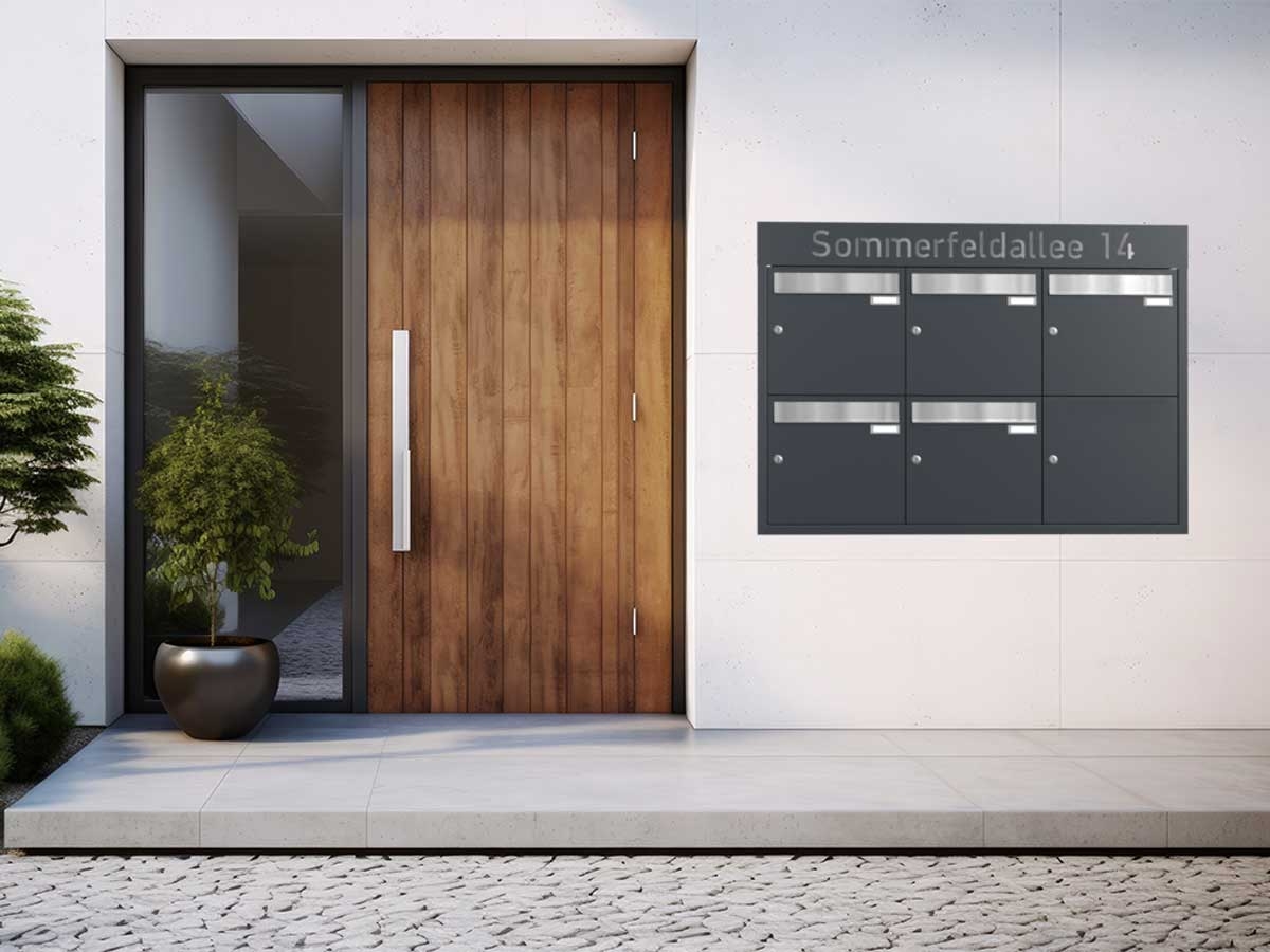 5-piece flush-mounted letterbox system BASIC - Edition NELLY - BI-Color VA-RAL 7016 anthracite grey 5-piece flush-mounted letterbox system BASIC - Edition NELLY - BI-Color VA-RAL 7016 anthracite grey